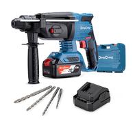 DongCheng Martillo perforador sin cable 18V, martillo percutor a batería 2,8 J, 4 piezas SDS-plus, perforación hasta 28 mm, motor sin escobillas empuñadura antivibración baterías 4Ah y cargador 2A