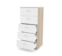DORMIDAN- Sinfonier 5 cajones guías metálicas, cómoda Dormitorio, Altura 110cm. (Roble cajones Blanco)