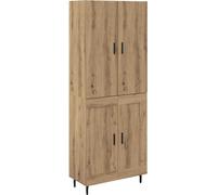 Dos mesas de buffet elevadas, estilo artesanal, con acabado en roble. Fabricadas con madera y vidrio