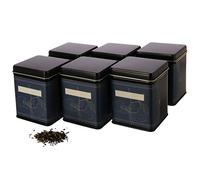 Dosenritter | 6x lata clásica rectangular para té, de metal, estanca, APILABLES, incluye 6 etiquetas florales adhesivas, para 140g Earl Grey | 9,8 x 7,6 x 7,6 cm (AlxAnxP)| o como tarro para especias