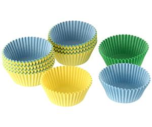 Dr. Oetker Capsulas Papel para Magdalenas desechables, moldes reposteria magdalenas, moldes papel de hornear, moldes para cupcakes 150 Unidades, Celeste, Verde y Amarillo, 5 cm