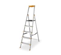 DRABEST Escalera de tijera 5 peldaños plegable - Escalera de aluminio - Escalera plegable robusta con estante y peldaños anchos - 120 mm - Escalera para uso doméstico y trabajo - hasta 150 kg