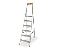 DRABEST Escalera de tijera plegable 6 peldaños - Escalera de aluminio - Escalera plegable robusta con estante y peldaños anchos - 120 mm - Escalera para uso doméstico y trabajo - hasta 150kg