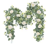 Dremisland 2 Piezas Guirnalda de Rosas Artificiales Flores Blanca 1.8m | Guirnalda de Eucalipto Rosas Falsas Colgante Artificial Vid de Seda Plantas para Decoración Boda Jardín Balcón Exterior