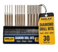 Drilax Brocas de diamante para piedra, juego de 30 piezas (1 mm, 2 mm, 3 mm) para vidrio, piedras preciosas y joyas, vástago de 1/8 pulgadas compatible con herramientas rotativas Dremel, suministros
