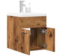 Drillkyn Juego de 2 muebles de baño con aspecto de madera envejecida, armario para debajo del lavabo, 41 x 38,5 x 46 cm, cerámica blanca con rebosadero, puerta de baño, baño, ducha, cuidado
