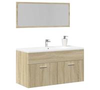 Drillkyn Juego de 2 muebles de baño de roble Sonoma, madera de roble con lavabo, armario bajo y espejo, armario alto con espacio de almacenamiento, montaje en pared para baño, aseo de invitados, ducha