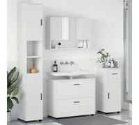 Drillkyn Juego de muebles de baño blanco de madera contrachapada y metal con tocador, armario con espejo, armario alto, armario bajo, estantería y cajones para invitados WC y ducha