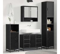 Drillkyn Juego de muebles de baño con aspecto de madera de roble negro con lavabo, armario bajo con espejo, armario alto y mucho espacio de almacenamiento para baño, inodoro de invitados y ducha