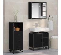 Drillkyn Juego de muebles de baño de 3 piezas, color negro, aspecto de roble, material de madera con armario para debajo del lavabo, armario alto para invitados, inodoro, ducha, espacio de