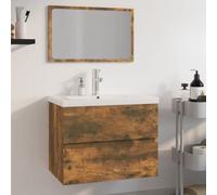 Drillkyn Juego de muebles de baño de madera de roble ahumado con armario para lavabo, espejo, lavabo empotrado y grifo, 60 x 38,5 x 45 cm, espacio de almacenamiento con cajón, montaje en pared para