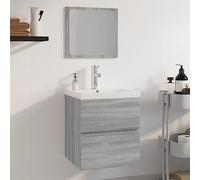 Drillkyn Juego de muebles de baño Sonoma gris de madera con armario para lavabo, armario con espejo, lavabo empotrado, espacio de almacenamiento, cajón, mueble de baño para invitados, ducha