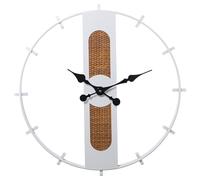 DRW Reloj de Pared de Metal con Base de Mimbre y Madera en Blanco y Natural 64x64x4,5cm