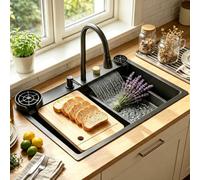 DSMRLEOP 80x50cm Fregadero de cascada de acero inoxidable negro, 1 cuenco, fregadero de cocina multifuncional con grifo de alta presión, juego completo de accesorios y opciones de instalación versátil