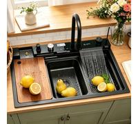 DSMRLEOP Fregadero de cocina, diseño cascada y acabado en acero inoxidable negro, gran fregadero individual de estilo rústico, fregadero de preparación recubierto de nano con grifo extraíble todo en
