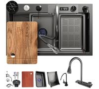 DSMRLEOP Fregadero de cocina negro en cascada, 90x50cm 1 pila Fregadero de cocina de acero inoxidable rectangular, sifón, rebosadero y accesorios de desagüe, fregadero de cascada multifuncional