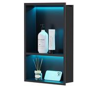 Ducha de mano de acero inoxidable con luces LED RGB, plato de ducha doble de color negro con control remoto, almacenamiento para baño, 45 x 30 cm