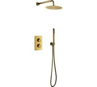 Ducha de techo empotrada de 25 cm, juego completo con cabezal de ducha de pared, brazo dorado cepillado