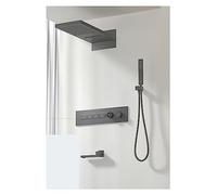 Ducha Digital, de ducha latón negro lujo, diseño pantalla digital LED montado en la pared, grifo techo 4 funciones doble control frío y caliente(4S Brushed Grey-01)