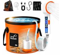 Ducha Portatil Camping con Bomba & Luz LED - Kit Ducha con Cubo Plegable 20L, Filtro Carbón Activo Triple Capa, 3 Modos Agua + 4 Modos Luz, Manguera 2m, USB-C - Ducha Camper Furgoneta Exterior Jardín