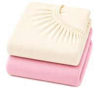 Dudu N Girlie Sábana Bajera Ajustable de algodón para Cuna de Viaje, de 95 x 65 Pulgadas, sábana Bajera Ajustable hipoalergénica, elástica, Transpirable (Paquete de 2, Crema y Rosa)
