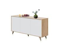 duehome | Aparador 3 Puertas, Armario Auxiliar para Salón, Modelo Lira, Acabado en Blanco Artik y Roble Canadian, Medidas: 154 cm (Ancho) x 75 cm (Alto) x 40 cm (Fondo)