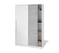 duehome | Armario de 2 Puertas Correderas, Barra de Colgar y Estantes, Armario para Dormitorio, Modelo Show, Acabado en Blanco Artik y Cemento, Medidas: 120 cm (Largo) x 200 cm (Alto) x 50 cm (Fondo)