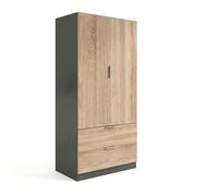 duehome | Armario de 2 Puertas y 2 cajones, Modelo Lark, Acabado en Color Gris Grafito y Roble Canadian, Medidas: 81 cm (Ancho) x 180 cm (Alto) x 52 cm (Fondo)