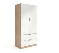 duehome Armario de Dormitorio Lark, 2 Puertas, 2 Cajones, Barra y Balda | Ropero para Habitación, Blanco Artik y Roble Canadian, Cierre Soft, Tiradores Metálicos, Cajones Textiles, 81,5 x 52 x 180 cm