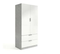 duehome Armario de Dormitorio Lark, 2 Puertas, 2 Cajones, Barra y Balda | Ropero para Habitación, Cemento y Blanco Artik, Cierre Soft, Tiradores Metálicos, Cajones Textiles, 81,5 x 52 x 180 cm