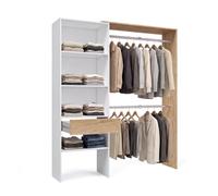 duehome Armario Vestidor Aura, Abierto, Reversible, con 2 Barras y Cajón | Ropero de Dormitorio, Blanco Artik y Roble Canadian, 4 Estantes, Interior Textil, Anclaje a Pared, 158 x 40 x 187 cm