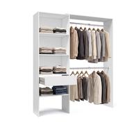 duehome Armario Vestidor Aura, Abierto, Reversible, con 2 Barras y Cajón | Ropero de Dormitorio, Blanco Artik, 4 Estantes, Interior Textil, Anclaje a Pared, 158 x 40 x 187 cm