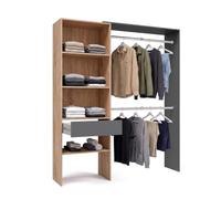 duehome Armario Vestidor Aura, Abierto, Reversible, con 2 Barras y Cajón | Ropero de Dormitorio, Roble Canadian y Gris Grafito, 4 Estantes, Interior Textil, Anclaje a Pared, 158 x 40 x 187 cm