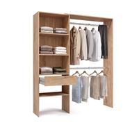 duehome Armario Vestidor Aura, Abierto, Reversible, con 2 Barras y Cajón | Ropero de Dormitorio, Roble Canadian, 4 Estantes, Interior Textil, Anclaje a Pared, 158 x 40 x 187 cm
