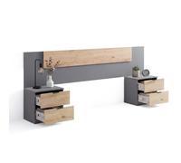 duehome | Cabecero Akari con 2 Mesitas de Noche y 4 Cajones, Cabecero de Cama para Dormitorio, Acabado en Gris Grafito y Roble Alpino, Medidas: 247 cm (Largo) x 50 cm (Alto) x 3 cm (Fondo)