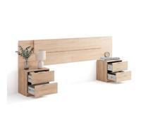 duehome | Cabecero Akari con 2 Mesitas de Noche y 4 Cajones, Cabecero de Cama para Dormitorio, Acabado en Roble Canadian, Medidas: 247 cm (Largo) x 50 cm (Alto) x 3 cm (Fondo)