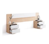 duehome | Cabecero Akari con 2 Mesitas de Noche y 4 Cajones, Cabecero de Cama para Dormitorio, Acabado en Roble Canadian y Blanco Artik, Medidas: 247 cm (Largo) x 50 cm (Alto) x 3 cm (Fondo)