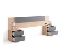 duehome | Cabecero Akari con 2 Mesitas de Noche y 4 Cajones, Cabecero de Cama para Dormitorio, Acabado en Roble Canadian y Gris Grafito, Medidas: 247 cm (Largo) x 50 cm (Alto) x 3 cm (Fondo)
