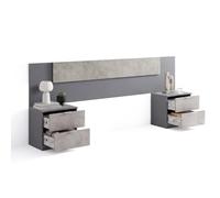 duehome | Cabecero Akari con 2 Mesitas de Noche y 4 Cajones, Cabecero de Cama para Dormitorio, Acabado en Gris Grafito y Cemento, Medidas: 247 cm (Largo) x 50 cm (Alto) x 3 cm (Fondo)