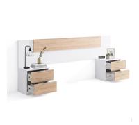 duehome | Cabecero Akari con 2 Mesitas de Noche y 4 Cajones, Cabecero de Cama para Dormitorio, Acabado en Blanco Artik y Roble Canadian, Medidas: 247 cm (Largo) x 50 cm (Alto) x 3 cm (Fondo)
