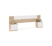 duehome | Cabecero y 2 Mesitas de Noche, Dormitorio Doble, Dormitorio Completo, Modelo Akari, Acabado en Blanco Artik y Roble Canadian