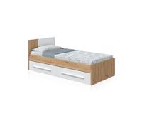 duehome | Cama Individual con 2 Cajones, Cama Juvenil, Cama Infantil, Modelo Dess, Acabado en Blanco Artik y Roble Nodi, Medidas: 196 cm (Largo) x 97 cm (Ancho) x 77 cm (Alto)