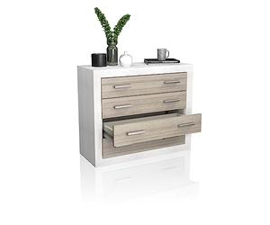 duehome | Comoda 4 Cajones, Cómoda Almacenaje Dormitorio, Modelo Kira, Acabado en Andersen Pino y Gris, Medidas: 98 cm (Largo) x 81,5 cm (Alto) x 39,6 cm de (Fondo)