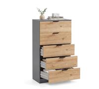 duehome | Cómoda Akari de 5 Cajones, Cajonera Alta para Dormitorio, Sinfonier con Amplio Almacenaje, Acabado en Gris Grafito y Roble Alpino, Medidas: 60 cm (Ancho) x 40 cm (Fondo) x 110 cm (Alto)