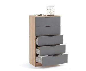 duehome | Cómoda Akari de 5 Cajones, Cajonera Alta para Dormitorio, Sinfonier con Amplio Almacenaje, Acabado en Roble Canadian y Gris Grafito, Medidas: 60 cm (Ancho) x 40 cm (Fondo) x 110 cm (Alto)