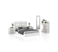 duehome | Conjunto de Dormitorio Kira 5c con Cabecero, 2 Mesitas de Noche, Sinfonier y Espejo, Acabado en Andersen Pino y Gris