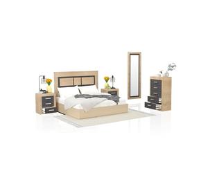 duehome | Conjunto de Dormitorio Kira 5c con Cabecero, 2 Mesitas de Noche, Sinfonier y Espejo, Acabado en Cambria y Grafito