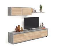 duehome | Conjunto Reversible de Salon, Mueble de TV, Modulos de Comedor, Modelo Arlet, Acabado en Cemento y Roble Canadian, Medidas: 200 cm (Largo) x 41 cm (Fondo) 43 cm (Alto)