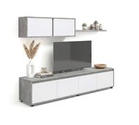 duehome | Conjunto Reversible de Salon, Mueble de TV, Modulos de Comedor, Modelo Arlet, Acabado en Cemento y Blanco Artik, Medidas: 200 cm (Largo) x 41 cm (Fondo) 43 cm (Alto)