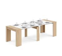 duehome Mesa Consola Extensible Denis, 5 Posiciones, Multifunción | Mueble Convertible, Roble Canadian y Blanco Artik, para Salón, Cocina, Comedor, Recibidor y Escritorio, 50-235 x 90 x 78 cm